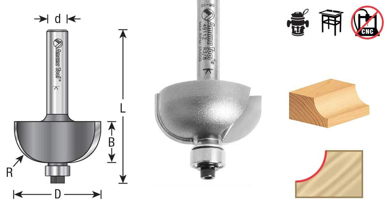 Amana Tool - 49112 Carbide Tipped Cove 3/8 Radius x 1-1/8 Dia x 9/16 x 1/4" Shank 3/8" R x 1-1/8" D x 9/16" CH x 1/4" S