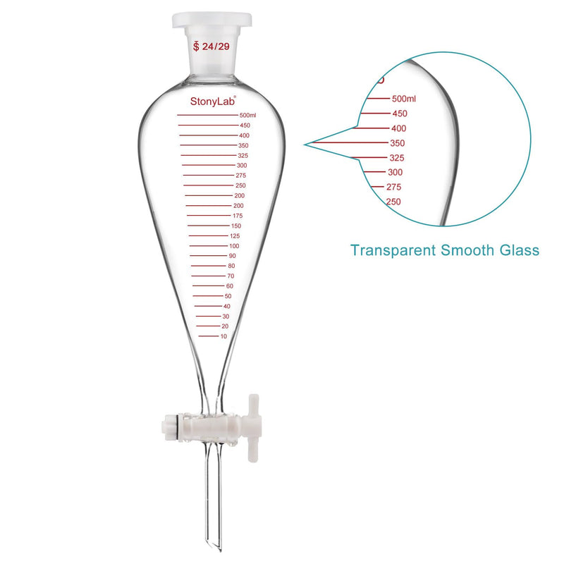 stonylab Graduated Separatory Funnel, Heavy Wall Pear-Shaped Conical Borosilicate Glass Separating Funnel with PTFE Stopcock and Plastic Top Stopper, 500 ml 500.0 milliliters 1 KD-Sep-Funnel-SL-PTFE-500ml