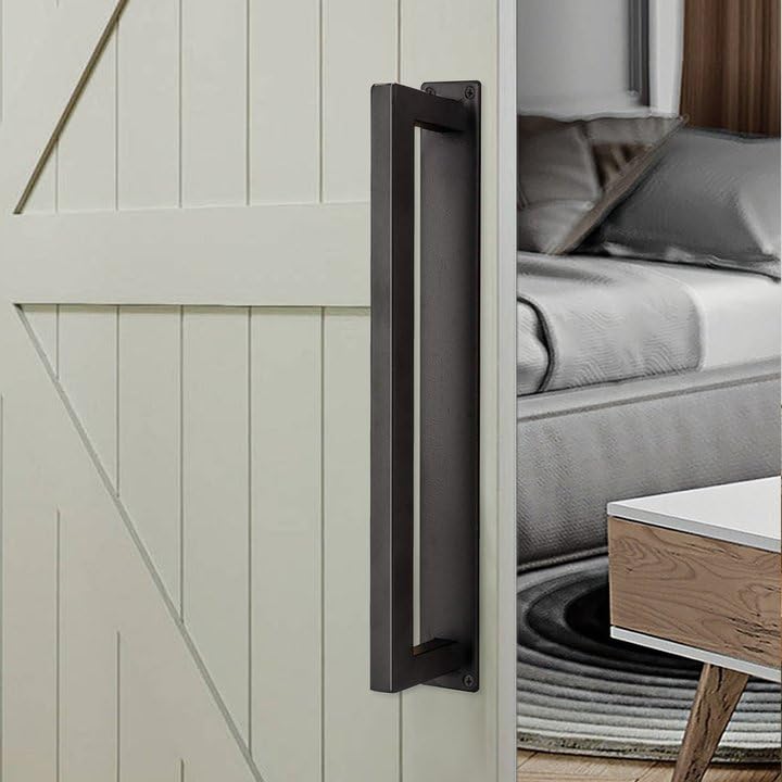 Homode Barn Door Handle, 12" Rustic Pull Handle Heavy Duty, Matte Black Square Door Pull with Flush Long Base, for Sliding Barn Door, Gate, Shed, Garage Rectangular Pull Handle