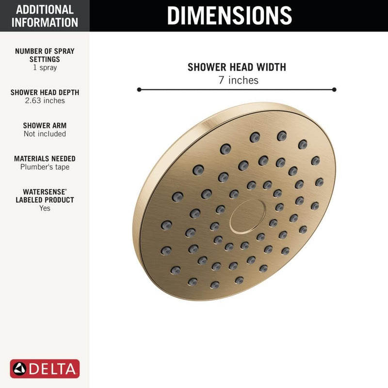 Delta PivotPro Brushed Gold Rain Showerhead, Single Setting 7 Inch Round Shower Head, Showerheads, 1.75 GPM Flow Rate, Champagne Bronze 75104CZ Metallic Spray Face