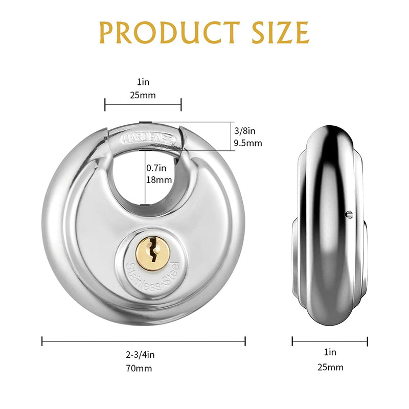 Keyed Alike Discus Padlock, Stainless Steel Storage Unit Lock,2-3/4 in.Wide,3/8 in. Diameter Shackle, Disc Locks for Sheds, Garages and Fence，2Pack 2PACK KA