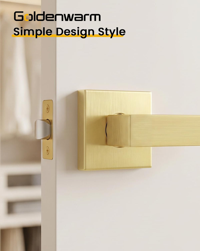 Goldenwarm Brushed Gold Passage Door Handles 1 Pack, Modern Zinc Alloy Interior Door Levers Keyless Non-Locking Passage Handleset for Hallway and Closet, Reversible Heavy Duty Lever Door Hardware