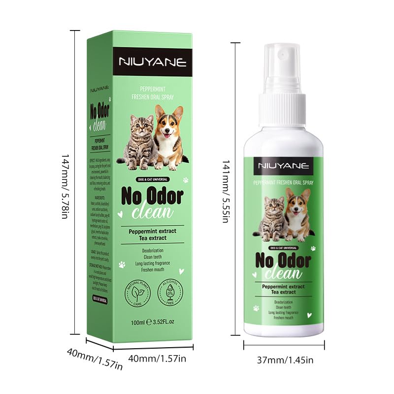 PET Cat Dental Care Spray, Peppermint Freshen Oral Spray, Prevent Bad Breath & Infections, Relieve Gum Redness, Reduce Plaque & Tartar, No Brushing, 3.52 Fl Oz