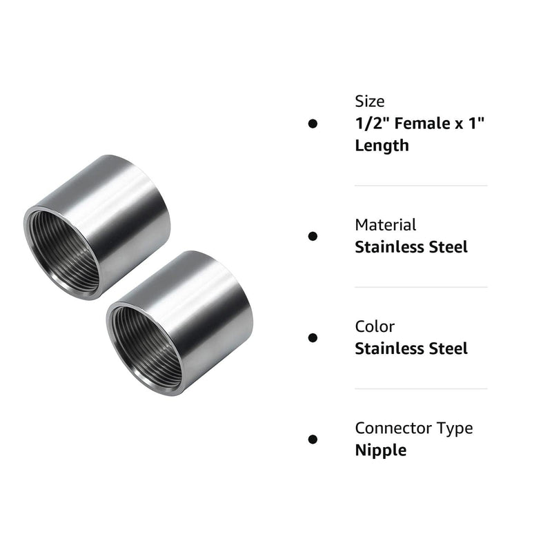 Beduan Stainless Steel Cast Pipe Fitting, Coupling, 1/2" x 1/2" Female Threaded (1" Length, Pack of 2) 1/2" Female x 1" Length