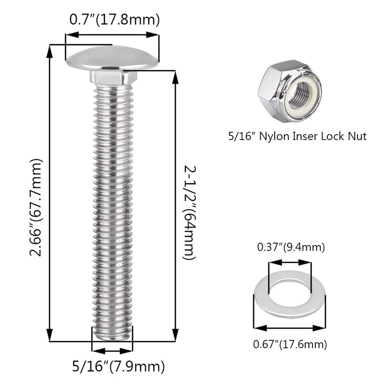 5/16-18 x 2-1/2" Trailer Hasp Bolt Kit for Trailer Latch Trailer Door Latch Trailer Cam Action Hasp 304 Stainless Steel Carriage Bolts Kit with Lock Nuts and Flat Washers - 4 Sets 5/16-18 x 2-1/2"
