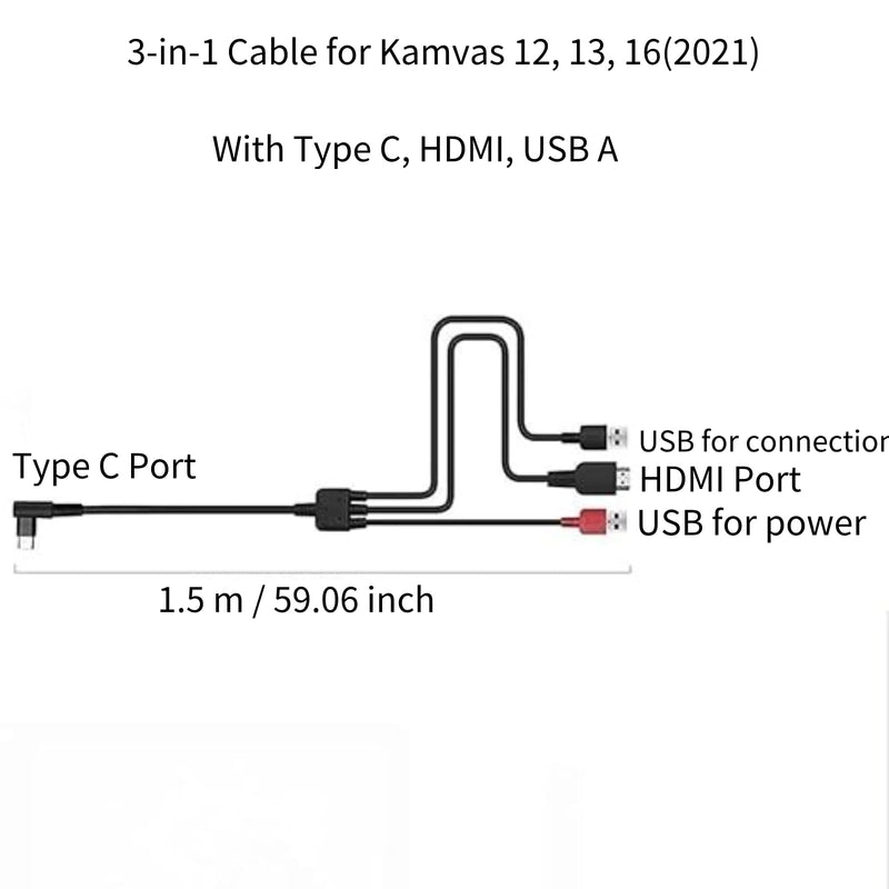 3-in-1 Cable CB05A Suitable for huion Graphics Drawing Tablet Display Kamvas 12 Kamvas 13 Kamvas 16 (2021) with HDMI Type C