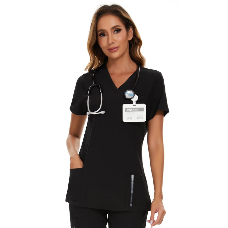 COZYFIT Scrub Tops for Woman - Soft Stretch, V-Neck Top Scrubs with 3 Pockets, Easy Care for Women Black Large