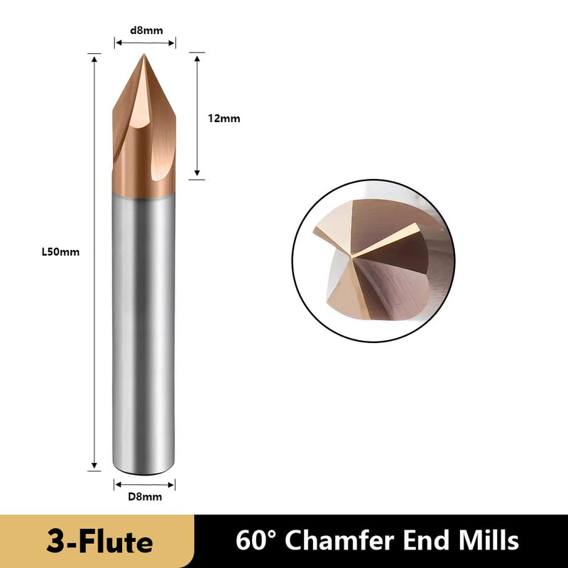 Carbide Chamfer End Mills CNC Carving Bits 3 Flute TiSiN Coating V Groove 60 Degree for Different Material Like Steel Aluminum Copper Alloy 5 Pcs D8*50mm 8mmX50mm 60°