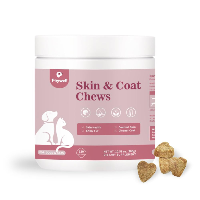 Skin & Coat Chews Supplement for Dogs & Cats, Omega & Salmon Oil Support Skin Health & Shiny Fur, 120ct/300g