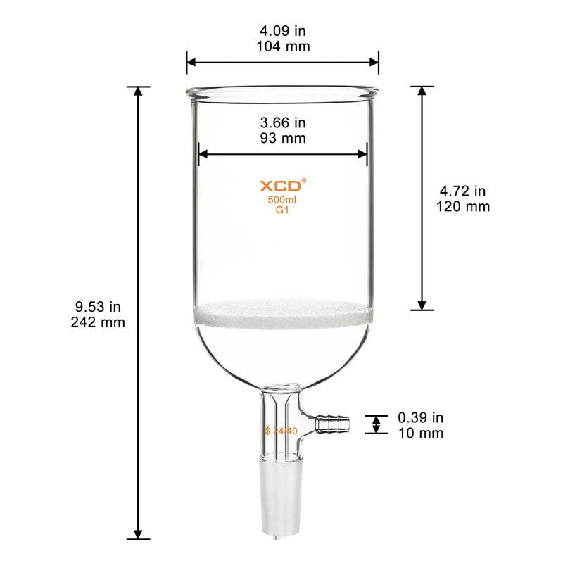 XCD Buchner Funnel with Coarse Frit (G1), 500 ml Borosilicate Glass Buchner Filtering Funnel 24/40 Joint with Vacuum Serrated Tubulation, 94mm ID, 100mm Depth