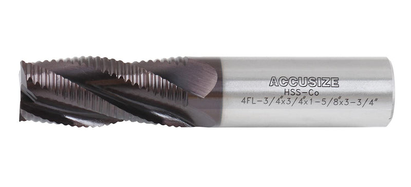 Accusize Industrial Tools 3/4'' Fine Tooth M42 8% Cobalt Tialn Roughing End Mill, 3/4'' Shk Dia, 1-5/8'' Flute Length, 3-3/4'' Oal, 4 Flute, 1104-0034 3/4" Dia, 3/4" Shk Dia, 1-5/8" Flt Length