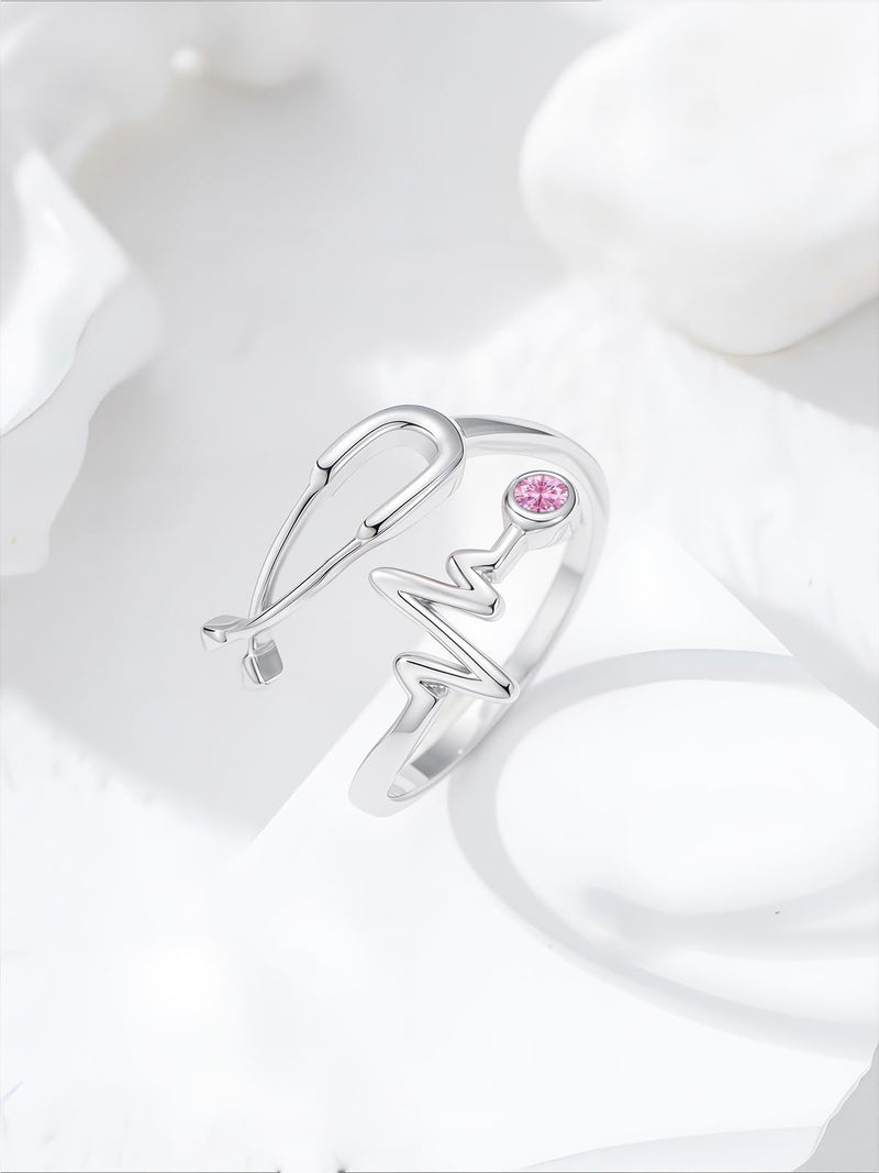 Seiyang Stethoscope Medicine Birthstone Ring 925 Sterling Silver Heartbeat EKG Stethoscope Ring with 12 Months Birthstone Graduation Gifts Medical Jewelry for Doctor Nurse Students Non-Personalized 10-October