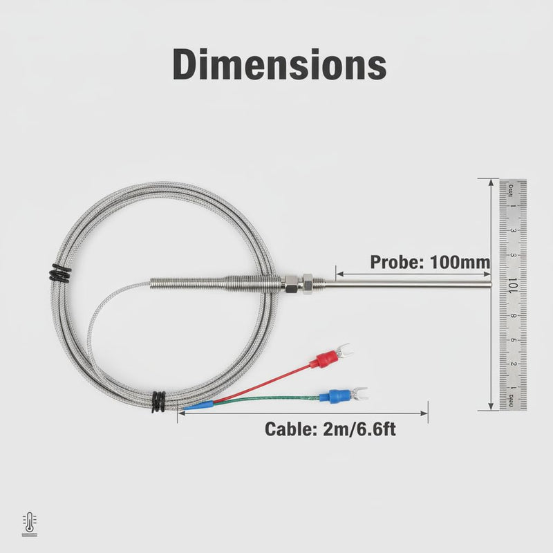 K-Type Thermocouple Sensor, 0-600℃ A-Grade Probe, 100mm×5mm Stainless Steel with 2M/6.6Ft High-Temp Shielded Wire