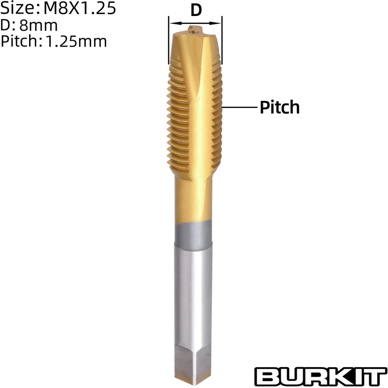 Burkit 2pcs M8 Spiral Point Tap, HSS Titanium Coating M8 x 1.25 Spiral Point Plug Threading Tap Spiral Point Tap Ti-co