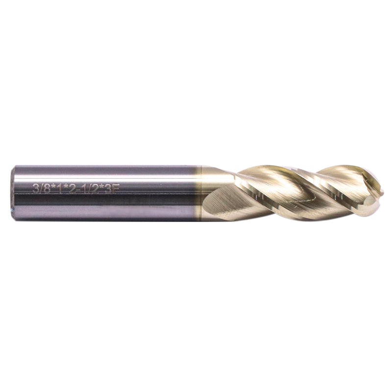 3/8" 3 Flute Solid Carbide Ball Nose End Mill for Aluminum, ZrN Coated | 37 Degree Helix, 3/8" Cutting Diameter, 3/8" Shank Diameter, 1" Length of Cut, 2-1/2" Overall Length 3/8 in