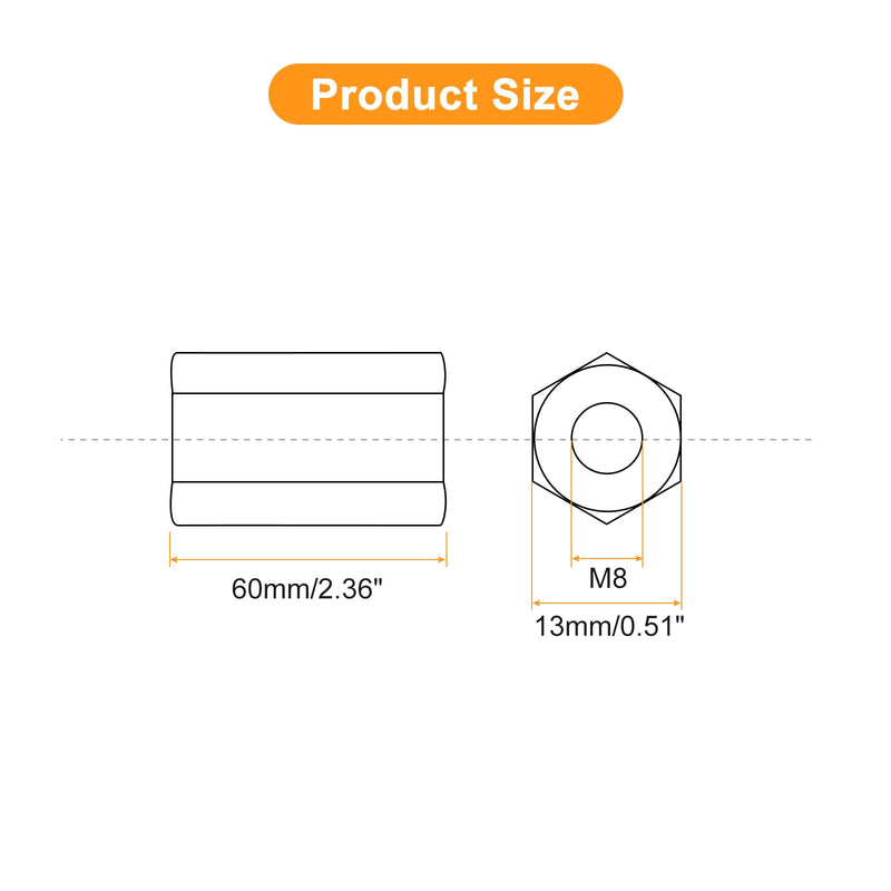 uxcell M8 x 1.25-Pitch 60mm Length Coupling Nuts, 2pcs 304 Stainless Steel Metric Hex Rod Coupling Nuts M8x60mm