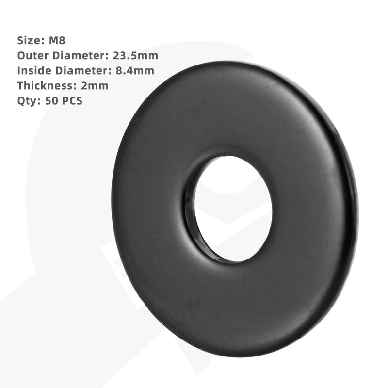 M8 Black Flat Washers (8.4mm ID, 23.5mm OD, 2.0mm Thick) for Screw Fasteners, 304 Stainless Steel, 50 PCS M8