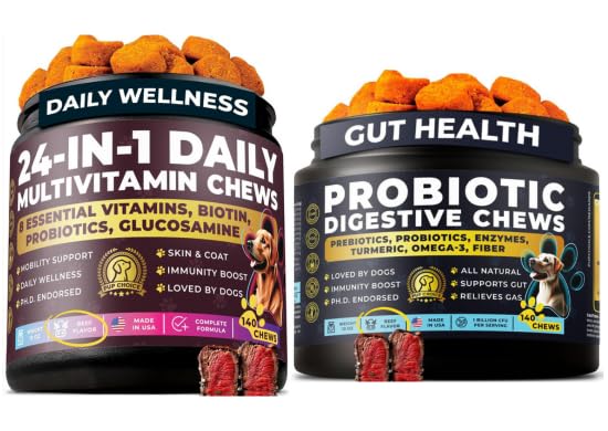 Dog Multivitamin & Probiotic Bundle – Daily Vitamins & Digestive Support Chews – Supports Gut Balance, Digestive Comfort, Skin, Coat, Immune & Joint Health – All Breeds, Puppies, Seniors 140+140 Chews