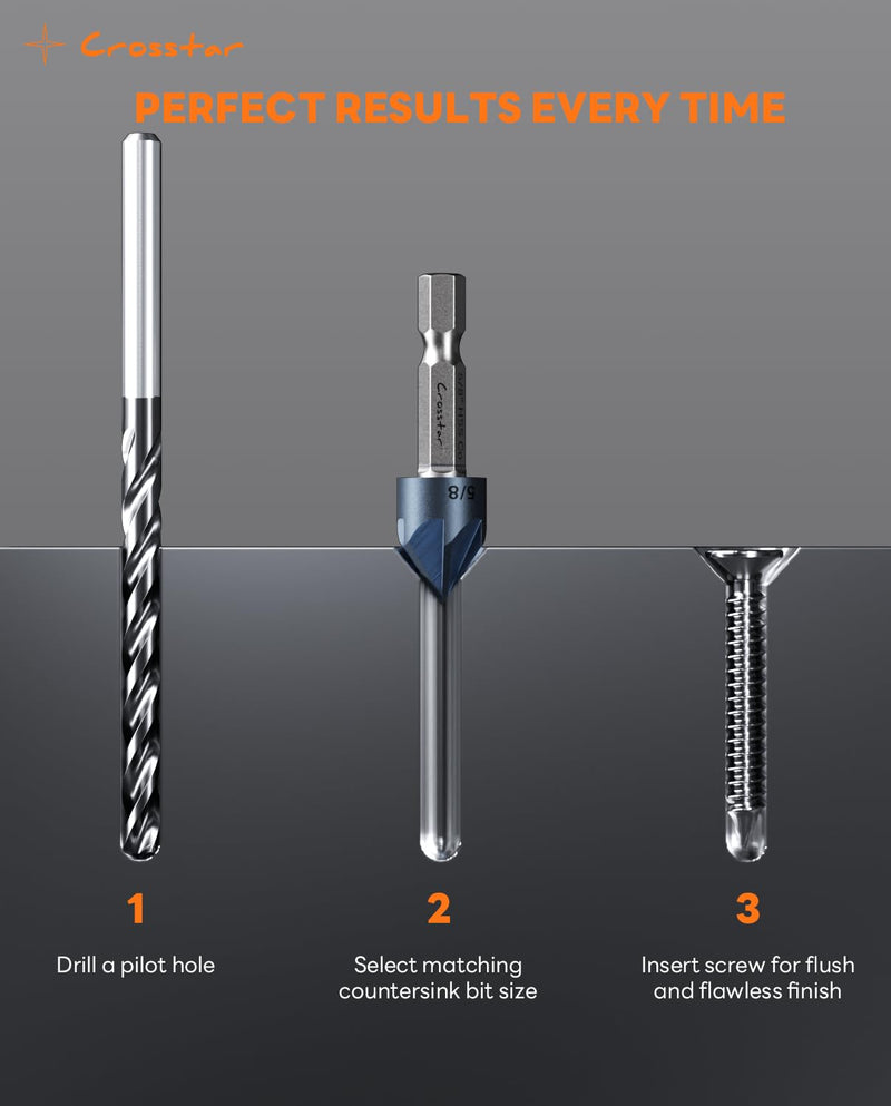 Crosstar Pro Cobalt Countersink Drill Bit Set, Titanium Aluminum Nitride Coated, 1/4" Hex Shank, 6-Piece (1/4" to 3/4") with Center Punch & Quick-Change Adapter for Metal, Stainless Steel