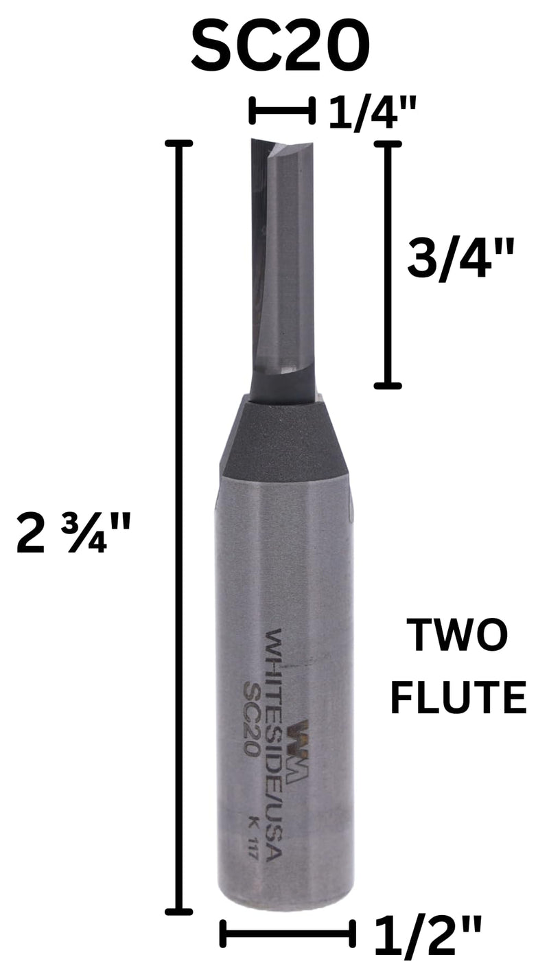 Whiteside Router Bits SC20 Standard Straight Bit with Solid Carbide 1/4-Inch Cutting Diameter and 3/4-Inch Cutting Length