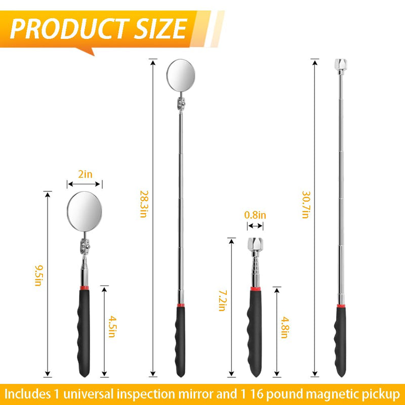 Telescoping Magnetic Pickup Tool Set Pull Force 22 lb, Extendable Magnet Pick-Up Tools, Telescopic Magnet Stick, Round 360° Swivel Adjustable Inspection Mirror, Birthday Gifts for Men, Dad, 2 Pack