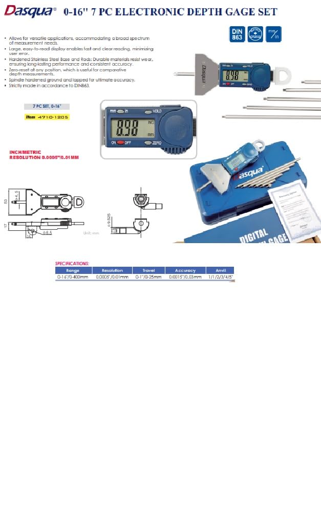 Dasqua 4710-1205 7 Piece 0-16-Inch Electronic Depth Gage Set