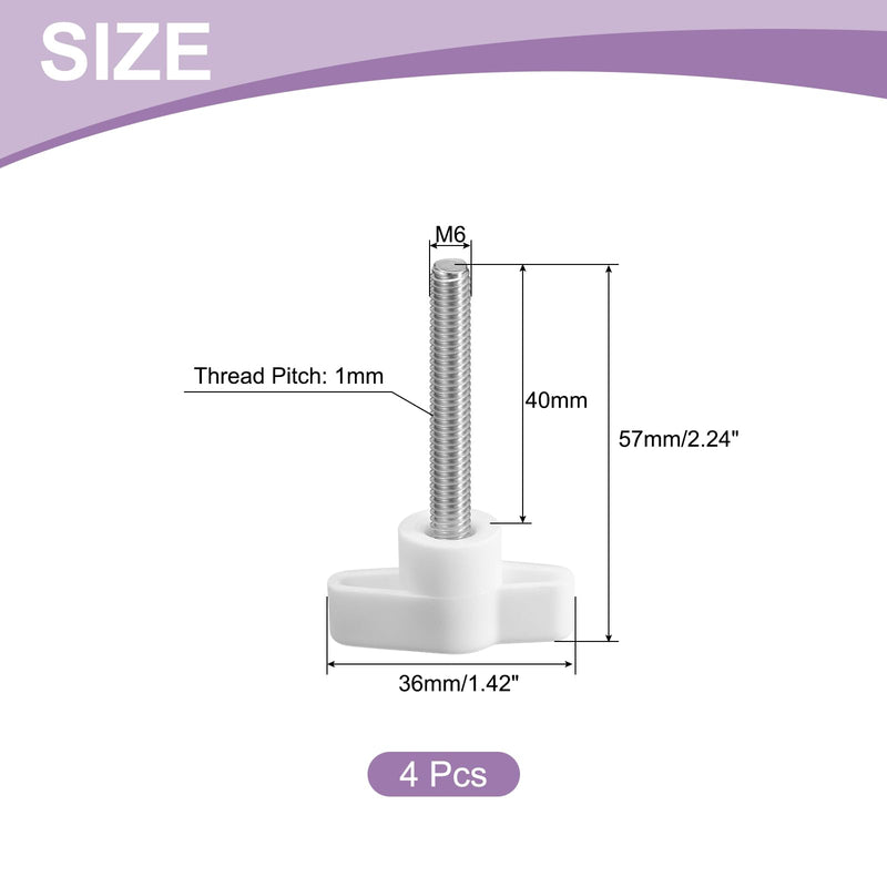 uxcell 4Pcs Tee Wing Knobs Thumb Screws, M6 x 40mm Clamping Screw Knob Male Thread 304 Stainless Steel T Shaped Thumb Screws Handle 36mm Dia. for Hand Tightening Knob Replacement, White