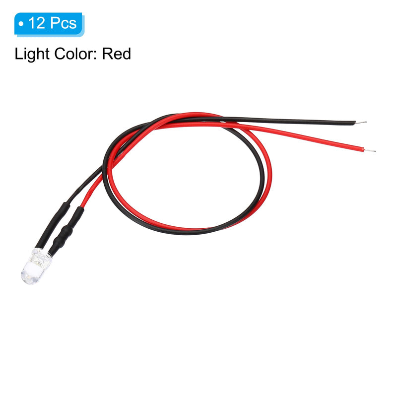 PATIKIL 5mm LED Diode Light, 12 Pcs 3V DC Pre Wired Mini LED Lights Bulb Light-Emitting Lamp for RC DIY Indicator Lighting, Red Light