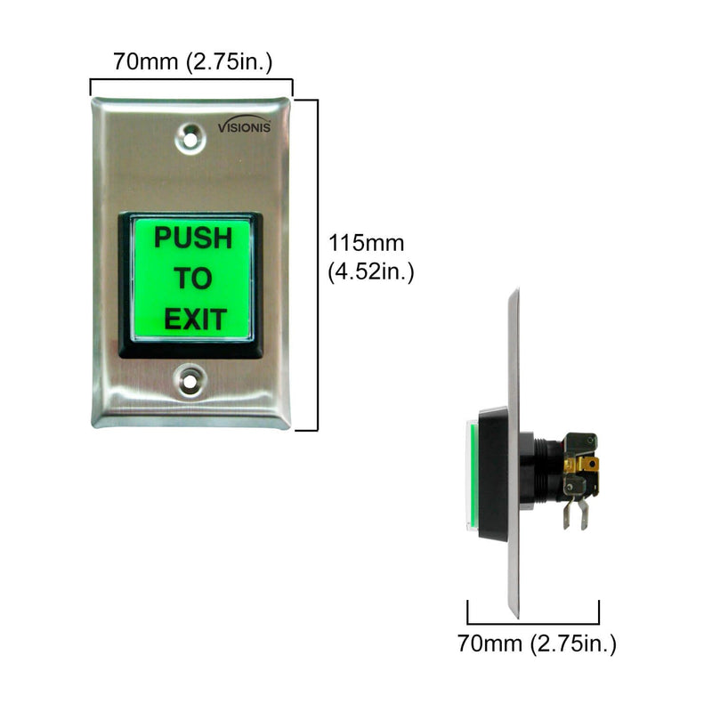 Visionis Push to Exit Button VIS-7000 Indoor Green Square Request to Exit Stainless Steel for Door Access Control with LED Light, NC, C and NO Outputs Pack of 1