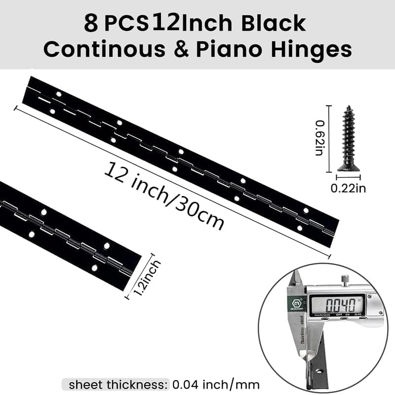 2Pack Heavy Duty Piano Hinge,12-Inch Black Continuous & Piano Hinges,0.05" Thickness,1.2" Open Width, Ideal for Folding Cabinet Doors, Black Stainless Furniture Hinges Includes 24pcs Screws