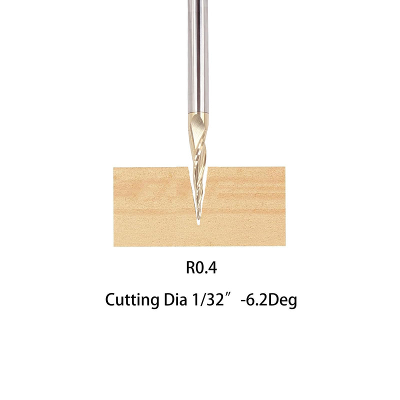 2PCS Tapered Ball Nose End Mills 1/4" Shank, 1/32" Cutting Diameter, 6.2 Degree, Solid Carbide CNC Router Bits wiith ZRN Coated for 2D/3D Milling Engraving Carving BRB462 6.2 Deg 1/32" CD x 1" CL x 1/4" SD x 3" OL 2