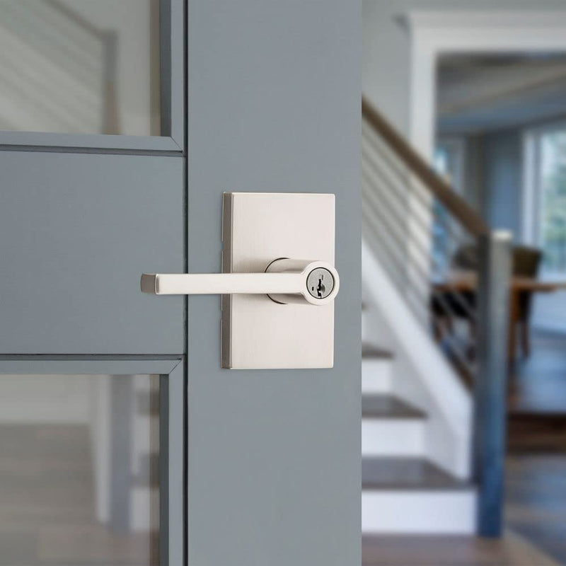 Kwikset Halifax Entry Door Handle with Lock and Key, Secure Keyed Reversible Lever Exterior, For Front Entrance and Bedrooms, Satin Nickel, Pick Resistant Smartkey Rekey Security and Microban Keyed Entry