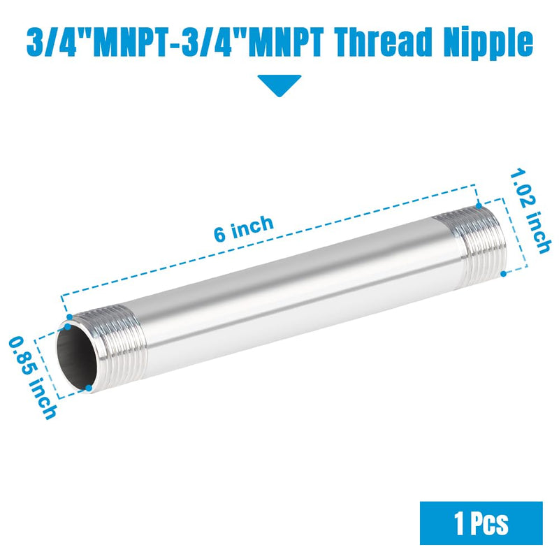 Quickun 304 Stainless Steel Nipple Pipe Fitting, 3/4" NPT x 3/4" NPT Male Malleable Nipple Cast Pipe 6" Length