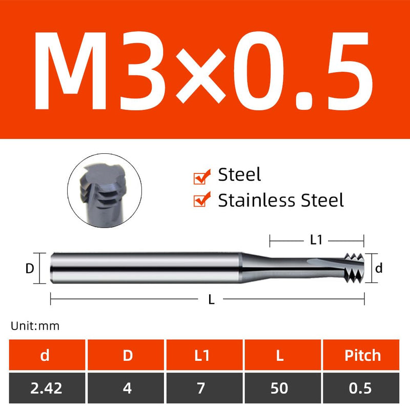 Metric Thread Milling Cutter Solid Carbide for Stainless Steel Thread Angle 60 Degrees CNC for Metal Working Replace Taps-(5pcs M3×0.5) 3PM-M3×0.5