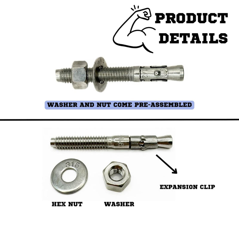 Premium 316 Stainless Steel Wedge Anchor, 3/8-16 X 3-3/4 – Heavy Duty Corrosion Resistant Fastener for Concrete and Masonry Applications 10 Pack
