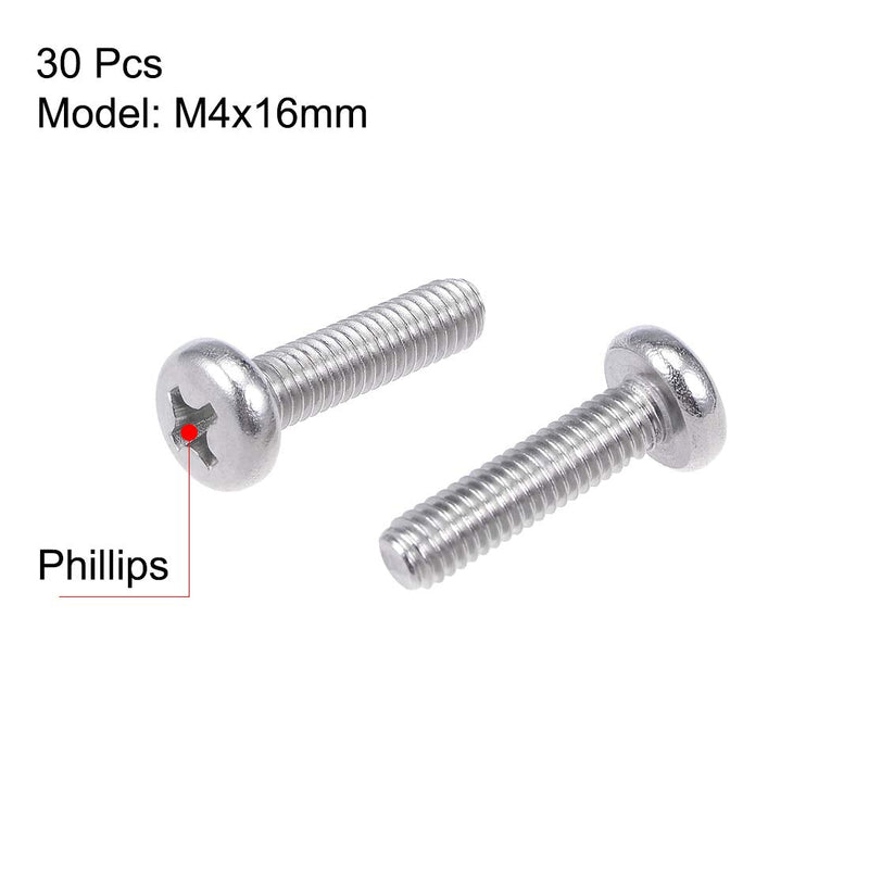 uxcell M4x16mm Machine Screws Pan Phillips Cross Head Screw 304 Stainless Steel Fasteners Bolts 30Pcs