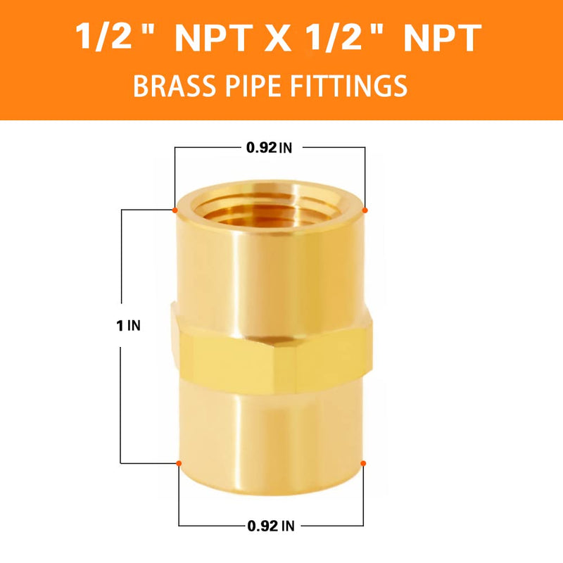 Brass Pipe Fitting NPT Coupler, 1/2" x 1/2" Standard NPT Female thread (pack of 2) 1/2”x1/2” Pack of 2