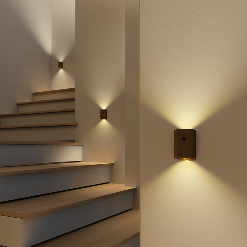 LANDGOO Intelligent Linkage LED Step Lights Wall Lamp, 2700-3000K Wooden Motion Sensor Stairs Night Light, Rechargeable for Stairs Hallway(Walnut Wood 2ps) Walnut Wood 2ps