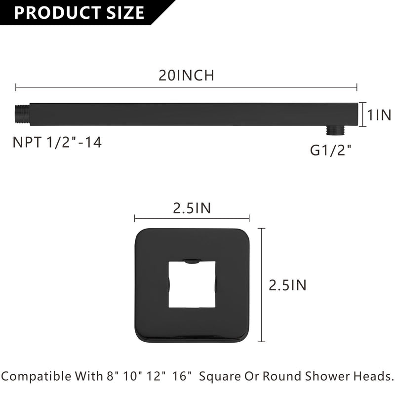 Voolan 20" Square Shower Arm with Flange and Teflon Tape, Extension Shower Head Arm for Bathroom Fixed Shower Head, Solid Stainless Steel, Wall Mounted (Matte Black) Matte Black 20 Inch