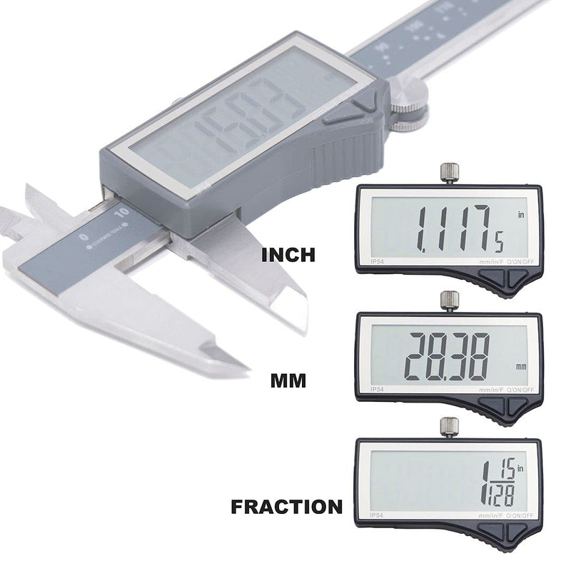 IP54 Grade Digital Caliper, DCLR-0605 0-6" /150mm, Inch/Metric/Fractions Conversion, Stainless Steel, Large LCD Screen 6inch