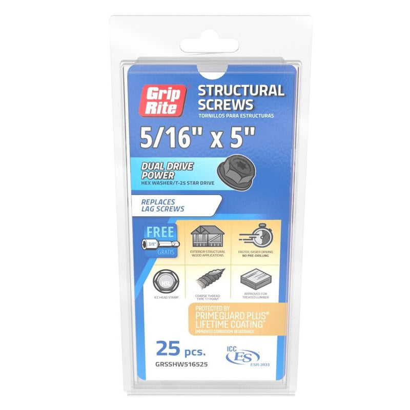 Grip Rite GRSSHW516525 5/16-inch by 5-inch Dual Drive for 3/8-inch Hex and T-25 Star Drive Prime Guard Plus Structural Screws 25 count
