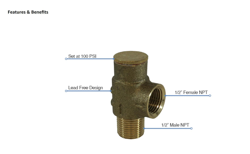 Merrill PRVNL50100 1/2" Lead-Free Brass Pressure Relief Valve, 100 PSI Adjustable Safety Valve for Cold Water Well, Pump & Plumbing Systems, 1/2" MNPT x 1/2" FNPT No-Lead Water System Protection Valve