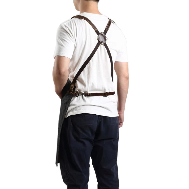 One Size Fits Utility Apron Adjustable Cross-Back Straps Multi-Use Portable Waxed Canvas Aprons With 5 Tool Pockets. Black