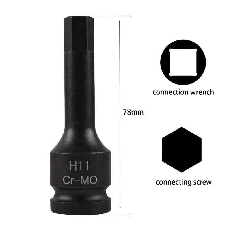 11mm Hex Impact Bit Socket, H11 1/2-Inch Impact Drive Allen Socket, Cr-Mo Steel Lengthen Hex Screwdriver Socket Adapter H11 11MM