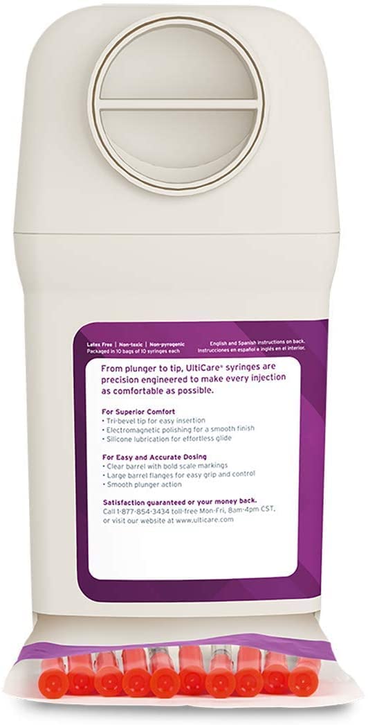 UltiCare VetRx U-40 UltiGuard Safe Pack Pet Insulin Syringes 3/10cc, 29G x 1/2", 100ct (with 1/2 Unit Markings)