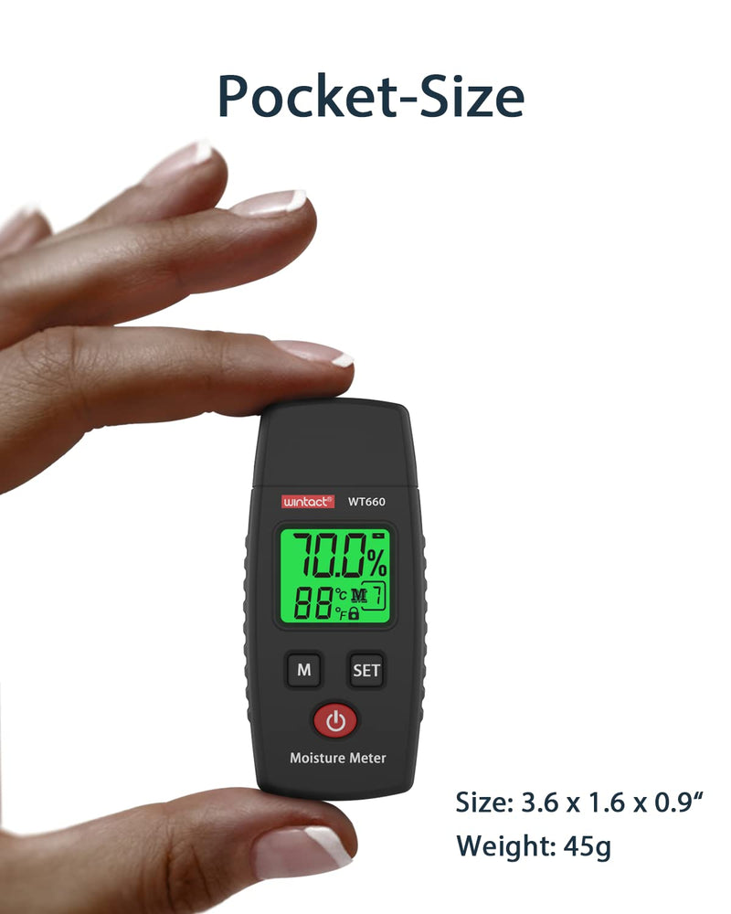 Wintact Pocket Wood Moisture Meter, Pin Type Water Leak Detector, Digital Moisture Tester for Lumber, Firewood, Walls, Drywall, Paper, Brick, Concrete Building Material Black