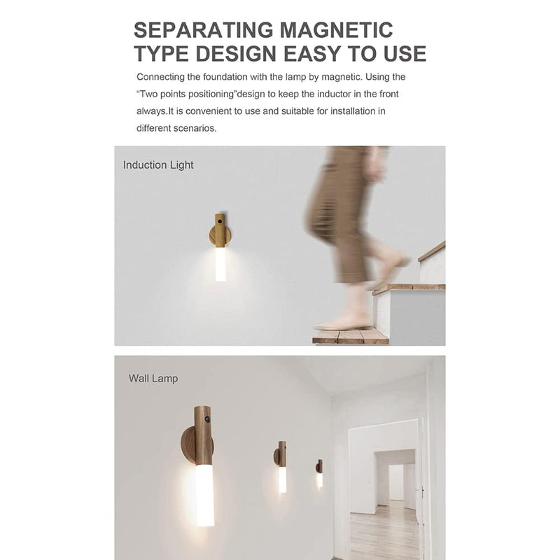 LANDGOO Wooden Motion Sensor Night Lights, Magnet Body Hallway Rechargeable LED Wireless Wall Sconces, Portable Decor Battery Powered Indoor Torch Lighting for Bedroom (Walnut Wood 2PCS) Walnut Wood 2ps