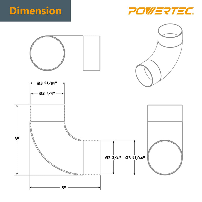 POWERTEC 70105-P2 4 In. 90 Degree Elbow - ABS Plastic Right Angle Dust Collector Connector, (Pack of 2) 4" Elbow