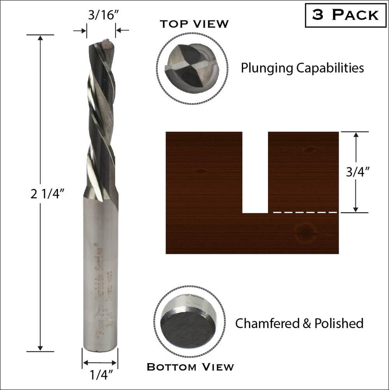 FOOS - Down-Cut Spiral Router Bit Set - Solid Carbide - 1/4” Shanks - Veteran Owned (3 Pack 3/16") 3 Pack 3/16"