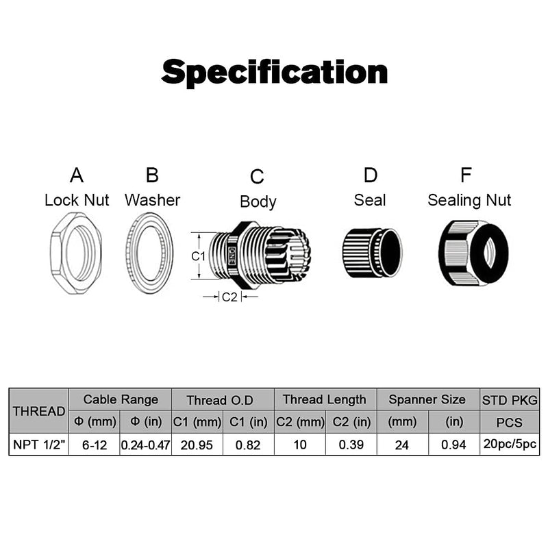 LeMotech 5 Pack NPT 1/2" Cable Glands Waterproof Adjustable 6-12mm Cable Connectors Black Nylon Joints with Gaskets 1/2inch 5-pack